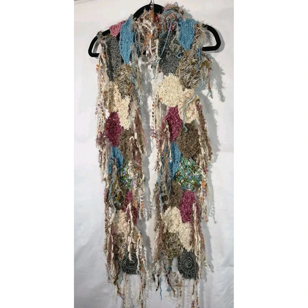 Steve Madden Crochet Scarf Womens Multicolor Boho Mixed Media Fringe Whimsigoth